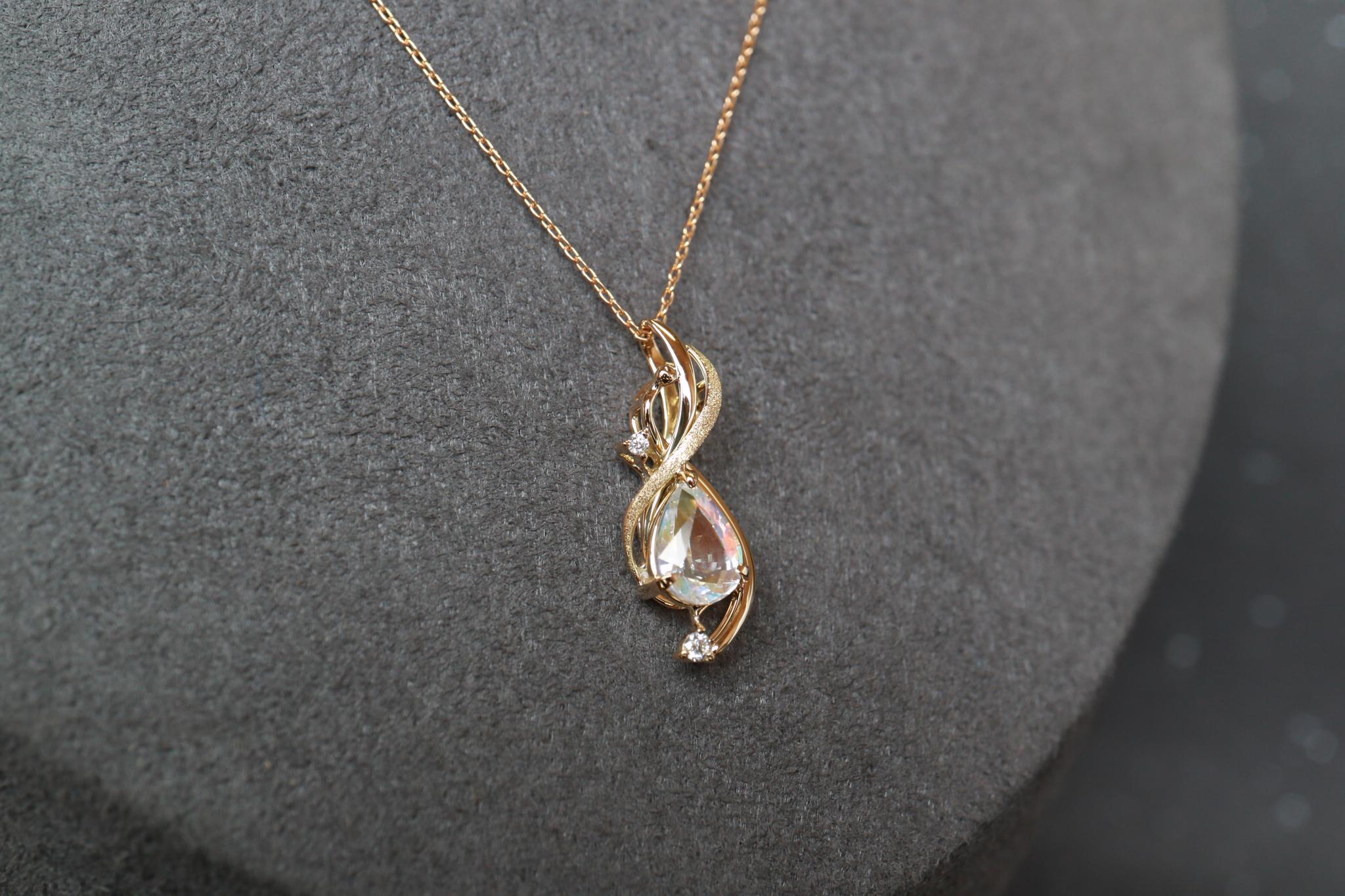 レインボーラブラドライト　スターダスト梨地　天女の羽衣ペンダントトップ１８金イエローゴールド　ダイヤモンド入り | 4枚目