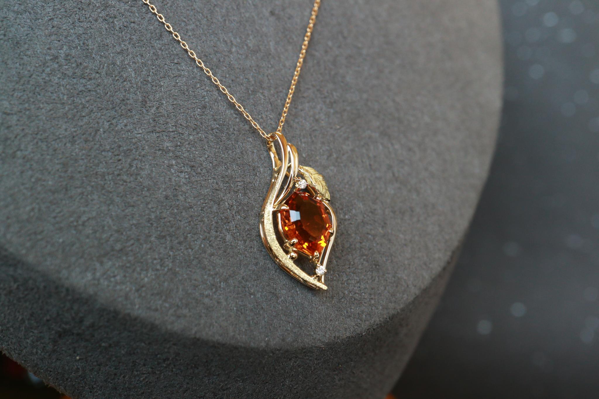 シトリン　森羅スタンダード　スターダスト梨地　リーフアクセント　ペンダントトップ１８金イエローゴールド　ダイヤモンド入り | 4枚目