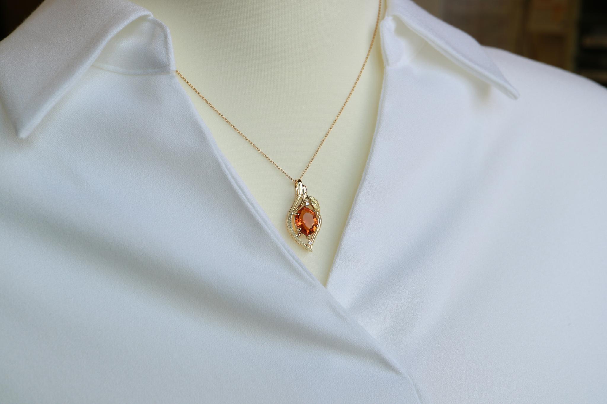 シトリン　森羅スタンダード　スターダスト梨地　リーフアクセント　ペンダントトップ１８金イエローゴールド　ダイヤモンド入り | 7枚目