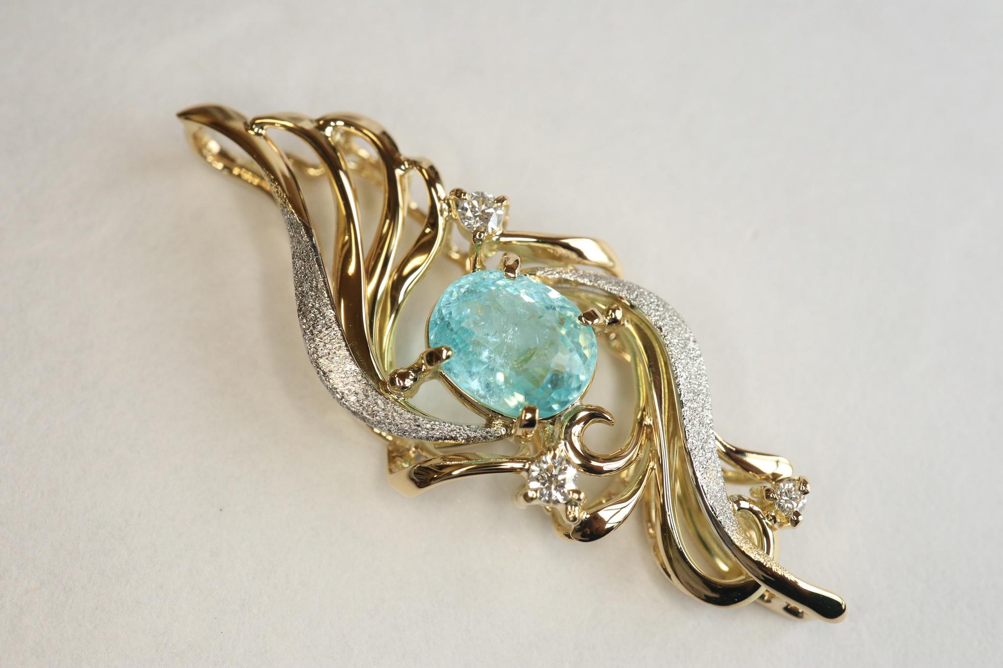 パライバトルマリン１カラットアップ　「火の鳥」　ペンダントトップ　イエローゴールド、プラチナコンビ　ダイヤモンド入り | 7枚目