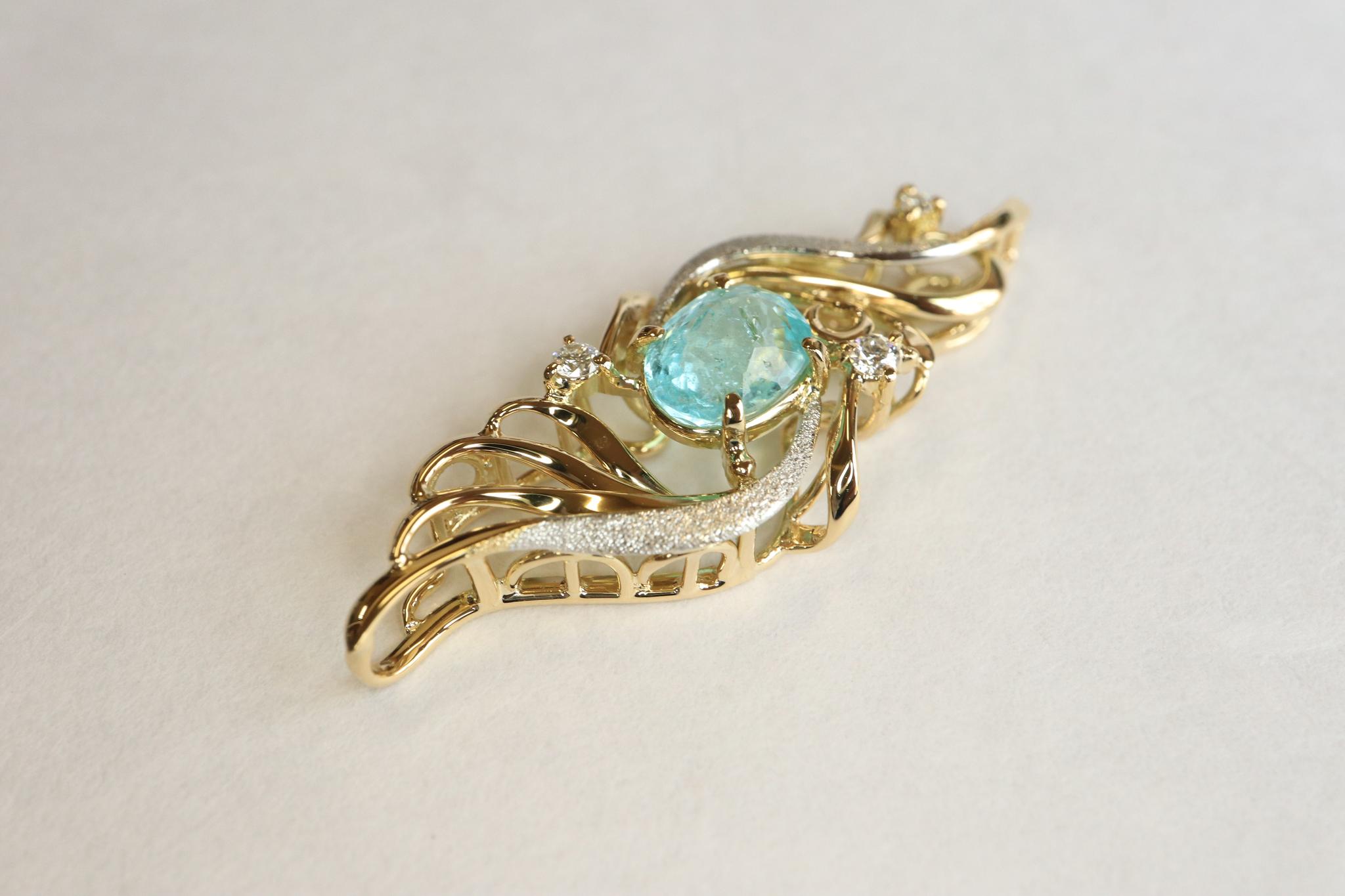 パライバトルマリン１カラットアップ　「火の鳥」　ペンダントトップ　イエローゴールド、プラチナコンビ　ダイヤモンド入り | 11枚目