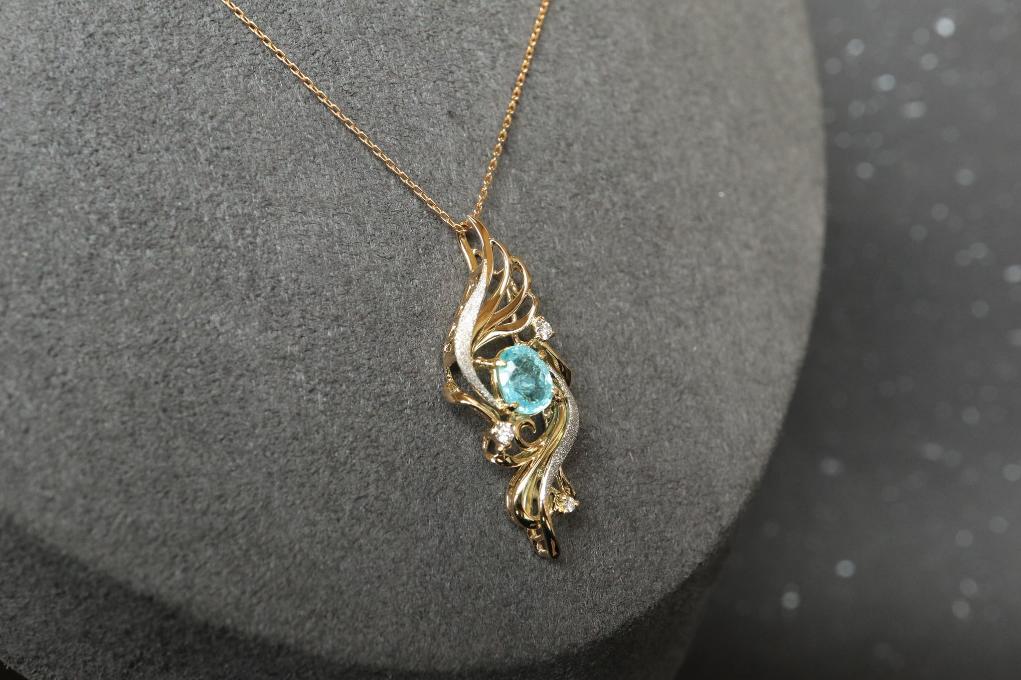 パライバトルマリン１カラットアップ　「火の鳥」　ペンダントトップ　イエローゴールド、プラチナコンビ　ダイヤモンド入り | 4枚目