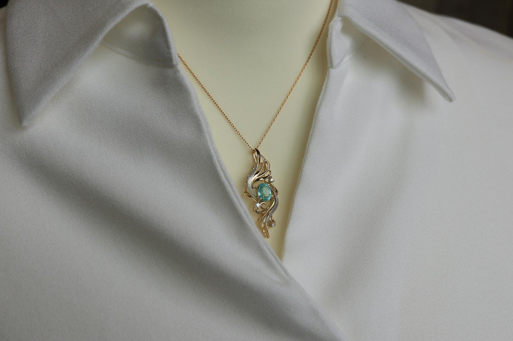 パライバトルマリン１カラットアップ　「火の鳥」　ペンダントトップ　イエローゴールド、プラチナコンビ　ダイヤモンド入り | 5枚目