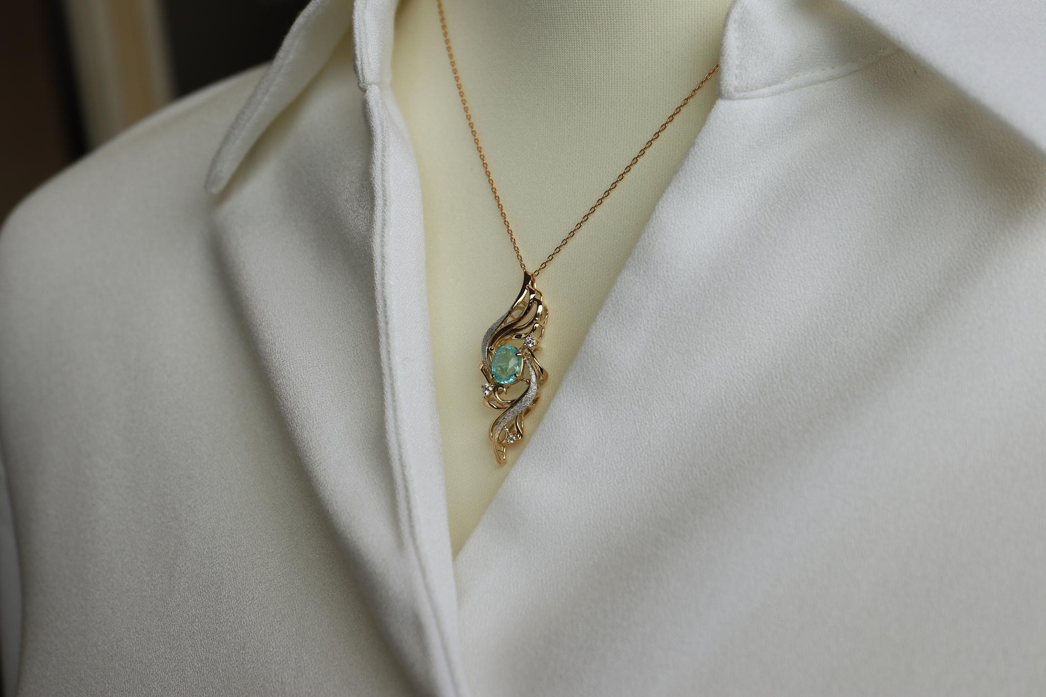 パライバトルマリン１カラットアップ　「火の鳥」　ペンダントトップ　イエローゴールド、プラチナコンビ　ダイヤモンド入り | 6枚目