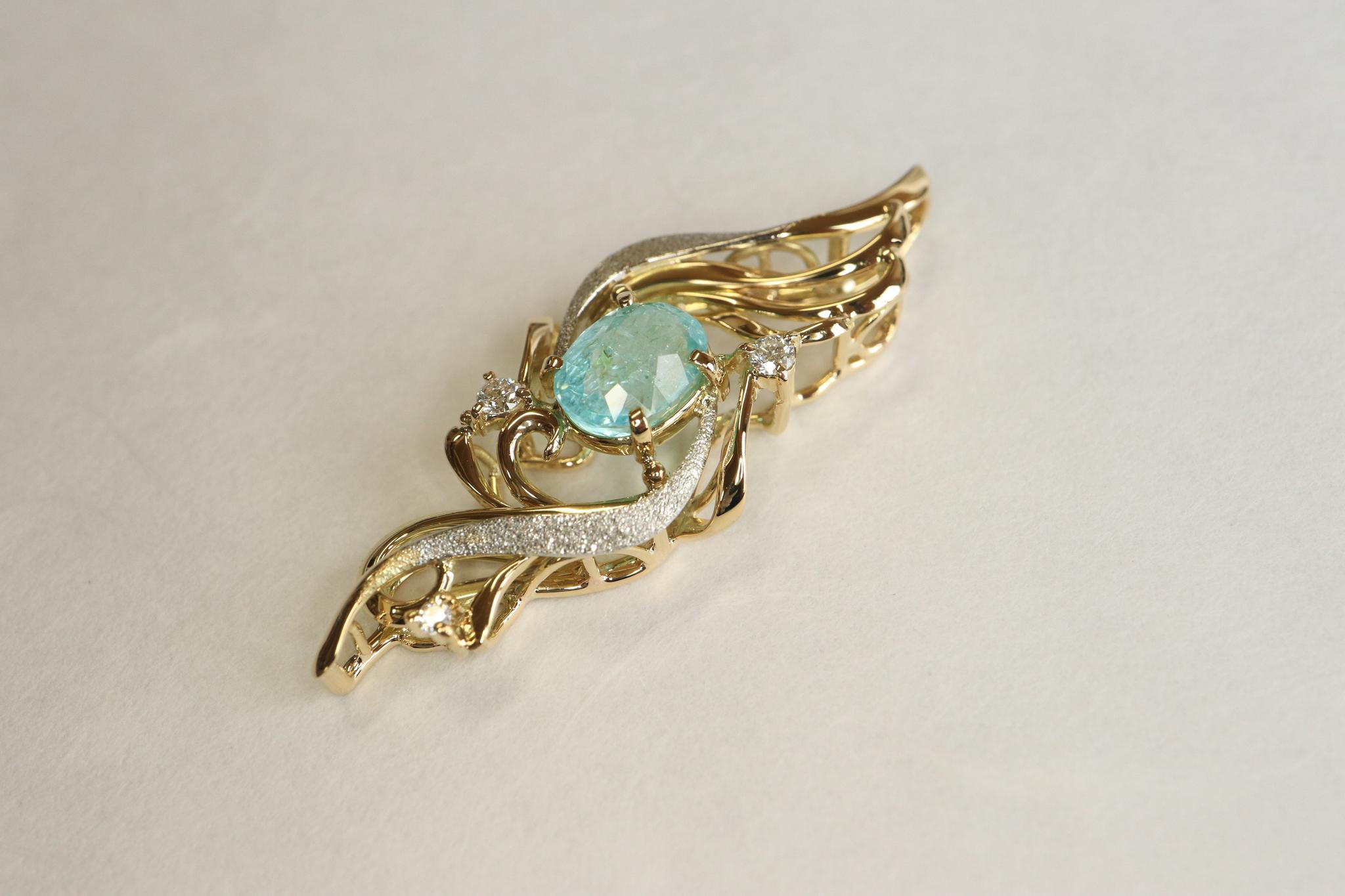 パライバトルマリン１カラットアップ　「火の鳥」　ペンダントトップ　イエローゴールド、プラチナコンビ　ダイヤモンド入り | 8枚目