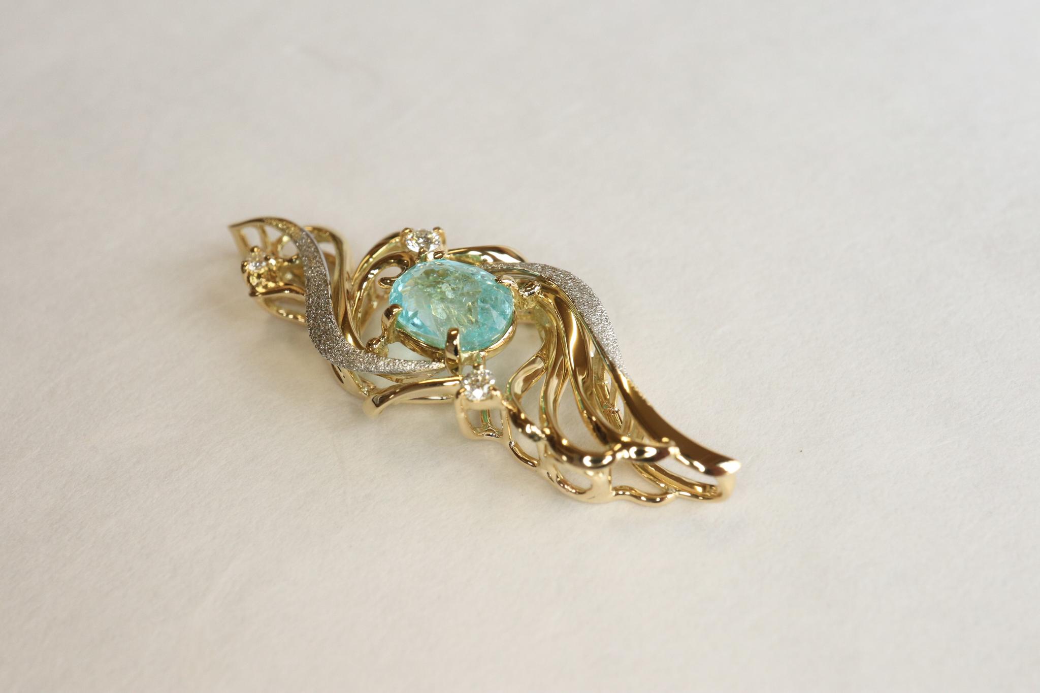 パライバトルマリン１カラットアップ　「火の鳥」　ペンダントトップ　イエローゴールド、プラチナコンビ　ダイヤモンド入り | 10枚目