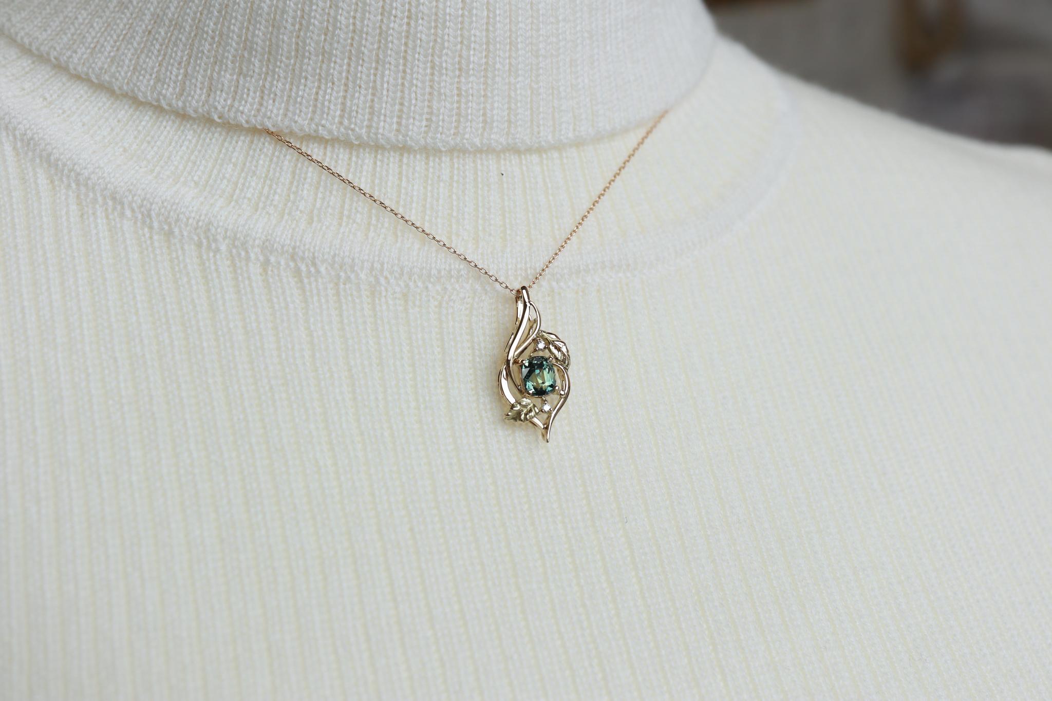 サファイア ティールカラー（通常ー加熱）　リーフデザインペンダントトップ１８金イエローゴールド　ダイヤモンド入り | 6枚目