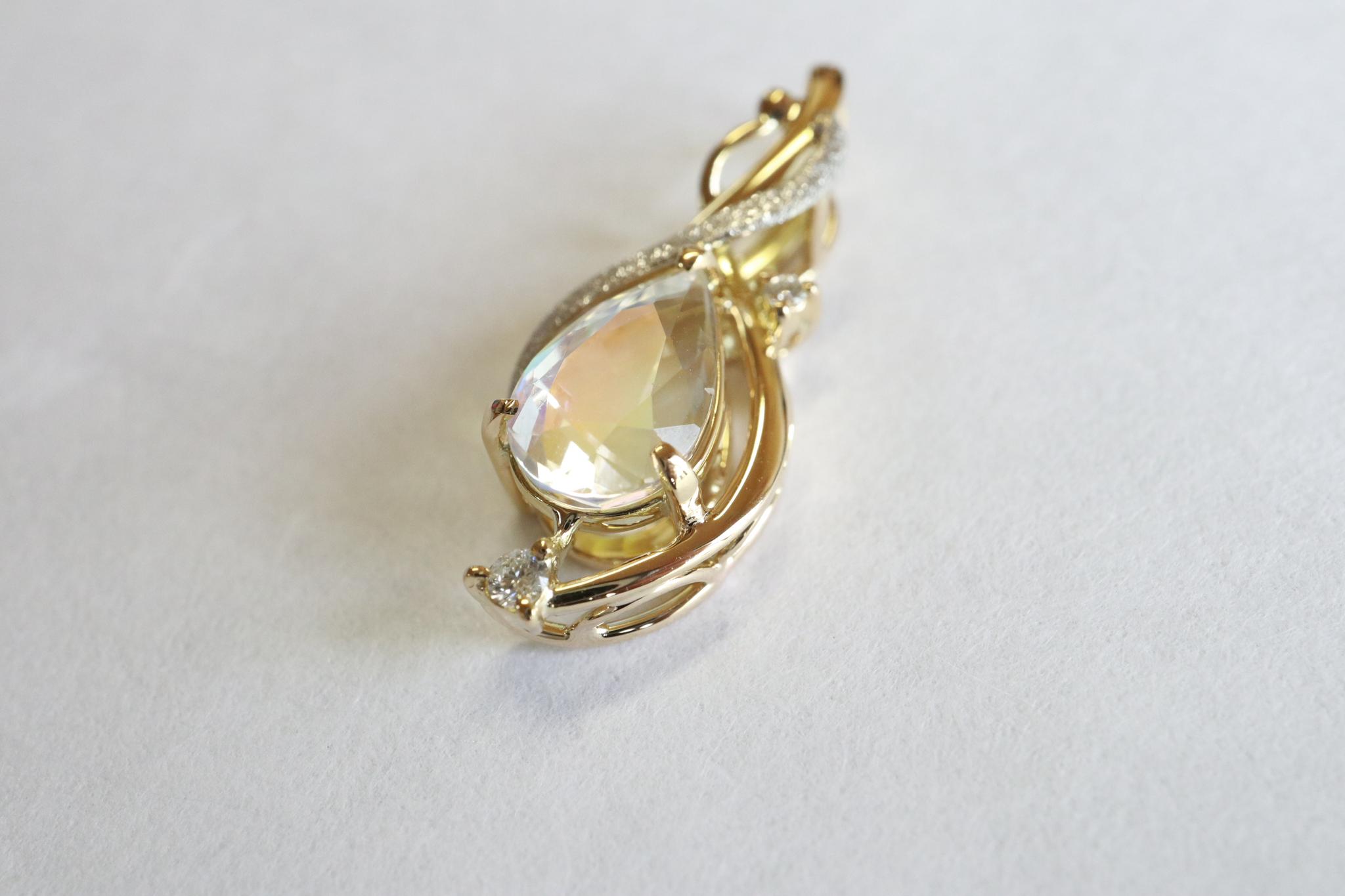 レインボーラブラドライト　天女の羽衣ペンダントトップ イエローゴールド プラチナコンビネーション　ダイヤモンド入り | 12枚目