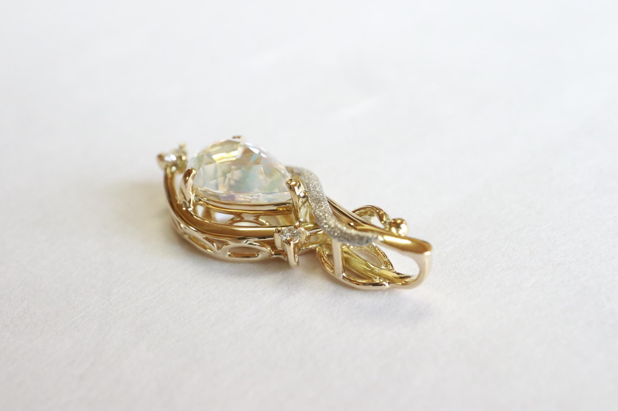 レインボーラブラドライト　天女の羽衣ペンダントトップ イエローゴールド プラチナコンビネーション　ダイヤモンド入り | 13枚目