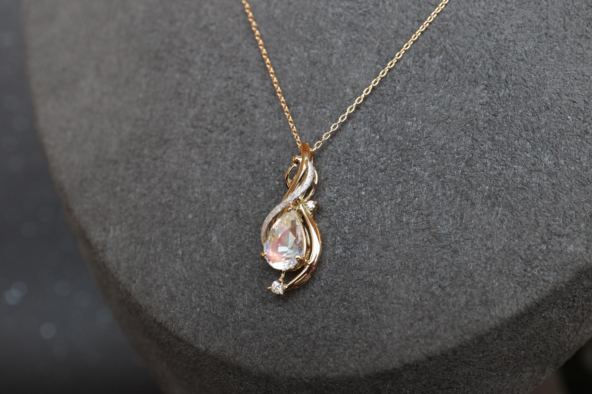 レインボーラブラドライト　天女の羽衣ペンダントトップ イエローゴールド プラチナコンビネーション　ダイヤモンド入り | 3枚目