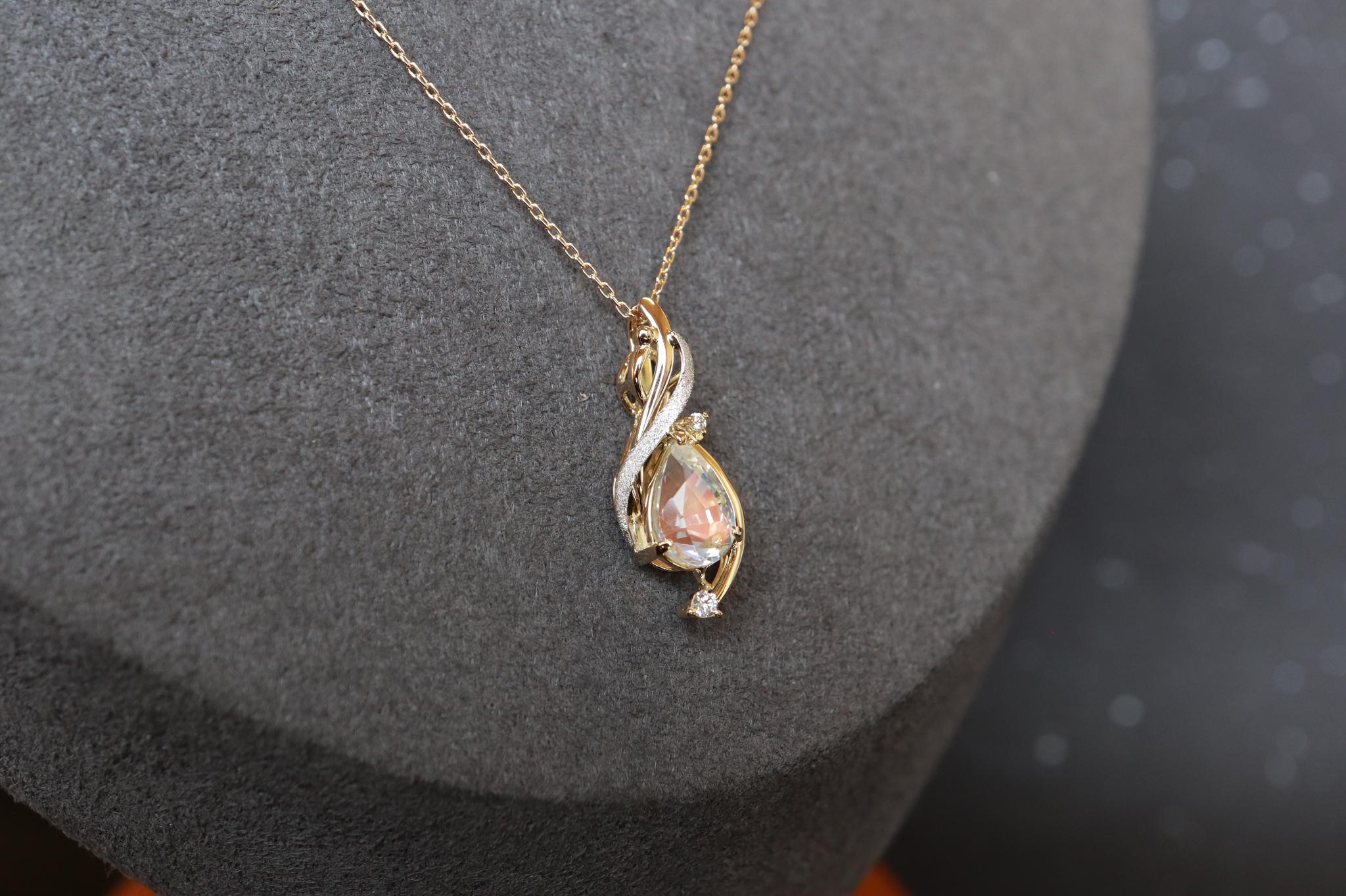 レインボーラブラドライト　天女の羽衣ペンダントトップ イエローゴールド プラチナコンビネーション　ダイヤモンド入り | 4枚目